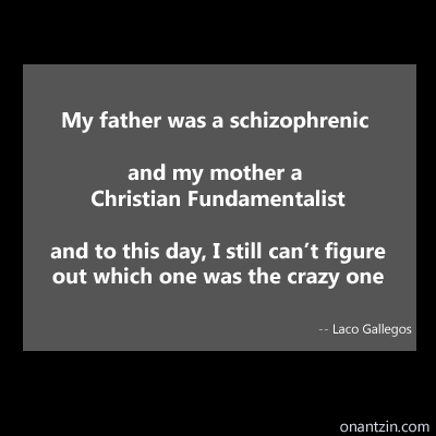 Meme - My father was a schizophrenic and my mother a Christian Fundamentalist, and to this day, I still can't figure out wh